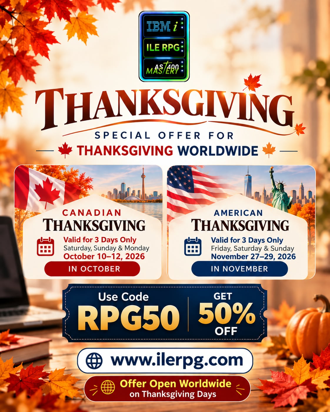 Thanksgiving special: use code RPG50 for 50% off — Canada Oct 10–12, USA Nov 27–29, 2026